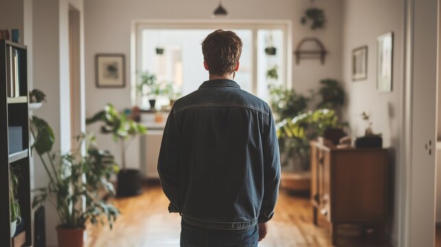 Man standing in room. Young man rearing a young woman. Apartment with a new home walking. A man is positioned in a lifestyle room.