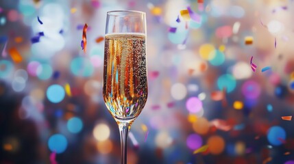 Glass of champagne with confetti in the background. Close up of champagne and confetti at a party. A glass of a generative ai background. A champagne glass with confetti in the backdrop lifestyle.