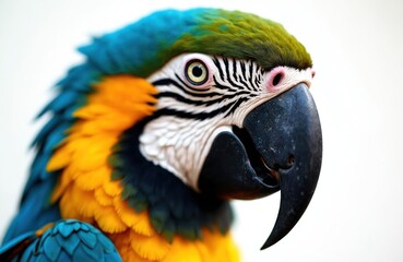 Fototapeta premium Close-up illustration of blue, yellow macaw parrot featuring vibrant plumage, powerful beak. Exotic bird intricate feather detail against simple white background, perfect for wildlife tropical themes.