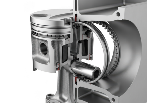 Detailed cross-sectional view of an internal combustion engine piston and crankshaft mechanism transparent background - Powered by Adobe