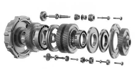 Exploded view of automotive automatic transmission components showing gears and bearings transparent background