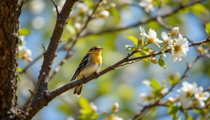 Fototapeta premium springtime portrait of a beautiful bird in a tree subject: a beautiful bird perched inside a tree on a sunny spring day