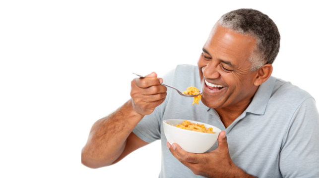 photo of mature man happy positive smile eat cornflakes on a transparent background