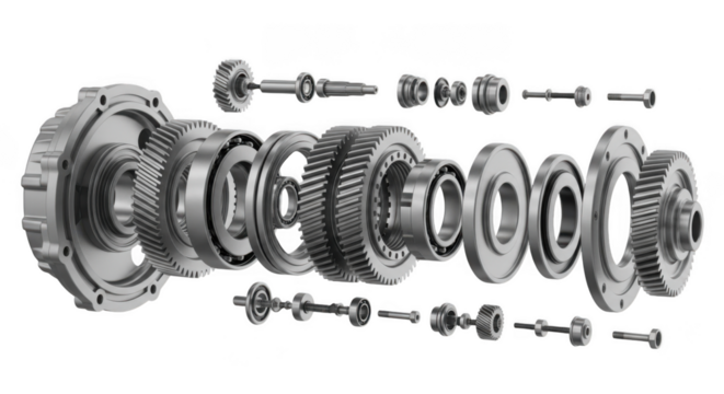 Exploded view of automotive automatic transmission components showing gears and bearings transparent background