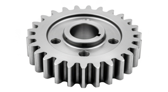 Detailed metal gear sprocket for mechanical engineering and automotive applications close-up transparent background