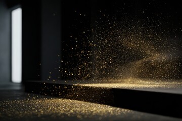 Glimmering golden particles floating gracefully in air with a dark background creating a magical and serene atmosphere