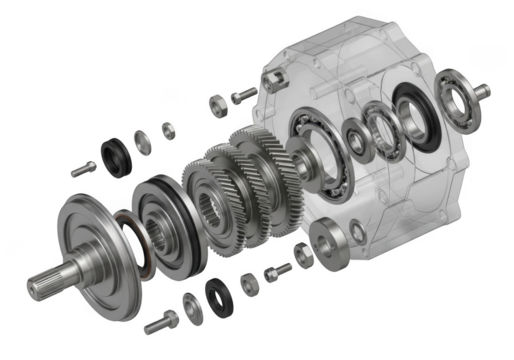 Exploded view of a mechanical gearbox assembly revealing internal components and bearings transparent background