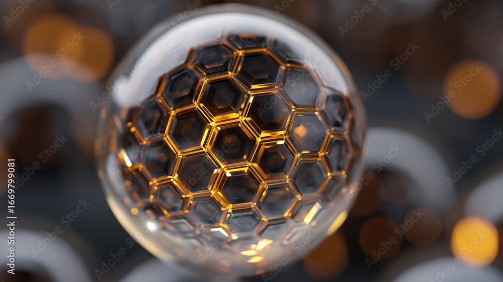 Poster a reflective sphere showcases intricate hexagonal designs, glowing softly in a dimly lit setting.