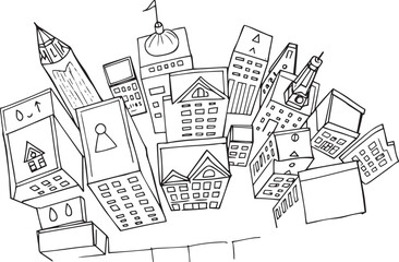 Fototapeta premium City landscape. Line urban backdrop. Different buildings on street, doodle street draw, outline cityscape hand sketch, flat houses. Hand drawn vector illustration 