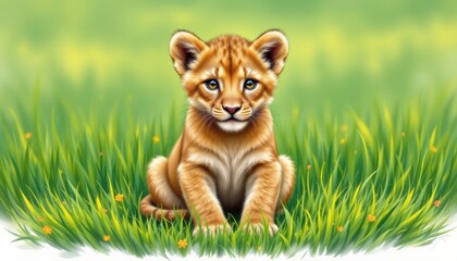Obraz premium illustrate a lion cub sitting on vibrant green grass, the copy space at the bottom ensures optimal size and quality for photo use, place the lion cub at the top of the image