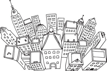 City landscape. Line urban backdrop.  Different buildings on street, doodle street draw, outline cityscape hand sketch, flat houses. Hand drawn vector illustration	