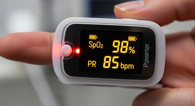 A fingertip pulse oximeter displaying oxygen saturation and pulse rate, held by a person's hand. - Powered by Adobe