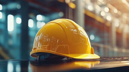 Yellow hard hat sitting on table. Yellow construction safety sign in the city. A table with a generative helmet. A hard hat in yellow color resting on a table lifestyle.