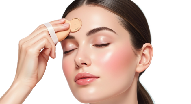 Woman Applying Makeup with Sponge on Forehead | Beauty Portrait for Cosmetics Advertising, Skincare Routine and Makeup Tutorials