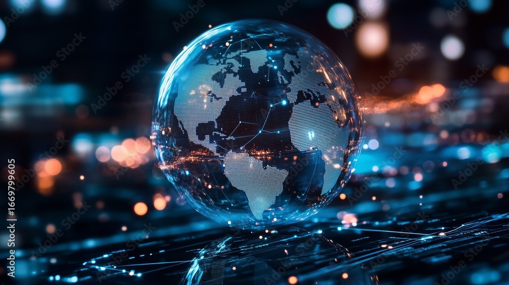 Poster innovative digital representation of the world with glowing connections and data points