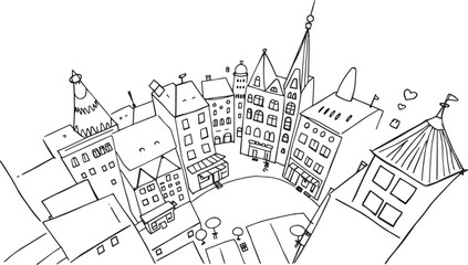 City landscape. Line urban backdrop.  Different buildings on street, doodle street draw, outline cityscape hand sketch, flat houses. Hand drawn vector illustration	