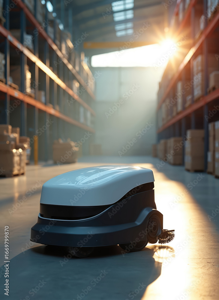 Poster autonomous cleaning robot operates efficiently in modern warehouse setting, navigating between shelv