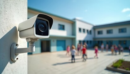 Modern CCTV camera mounted on wall, overseeing schoolyard activity. Children play in the background, under clear blue sky, near clean building architecture.