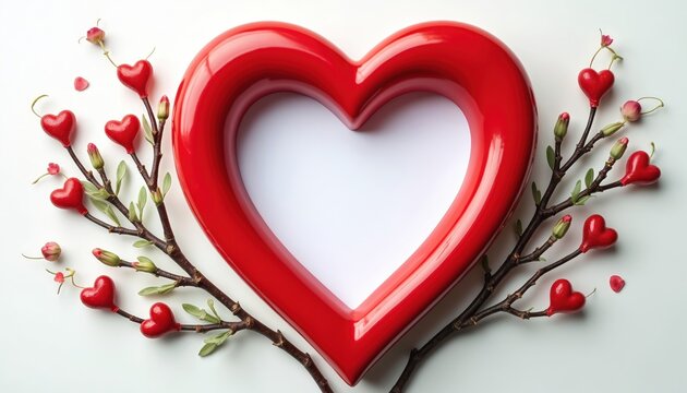 Red heart-shaped picture frame with empty photo slot. Decorated with branches bearing small red hearts, buds. Isolated on white background. Romantic graphic element for Valentine Day cards, albums,