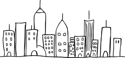 City landscape. Line urban backdrop.  Different buildings on street, doodle street draw, outline cityscape hand sketch, flat houses. Hand drawn vector illustration	