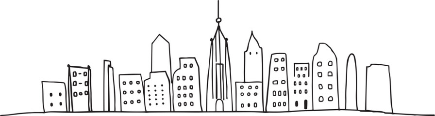 City landscape. Line urban backdrop.  Different buildings on street, doodle street draw, outline cityscape hand sketch, flat houses. Hand drawn vector illustration	