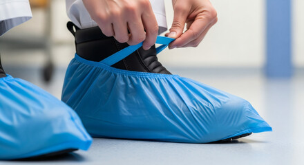 A person's hands tying the blue protective shoe covers over their footwear in a sterile environment, emphasizing hygiene and safety protocols.