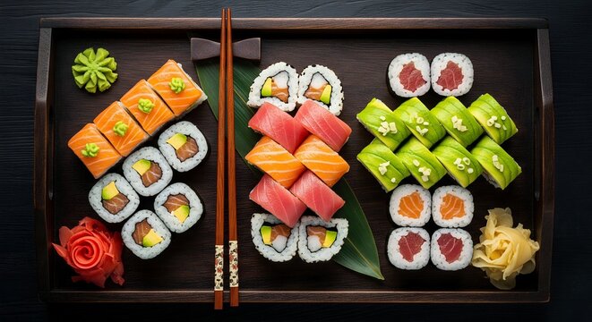 Overhead view of assorted sushi rolls on a wooden tray with chopsticks
