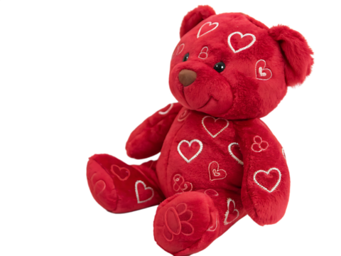 Red Teddy Bear Covered in White Hearts Sitting on a Transparent Background plush toy isolated on a transparent background