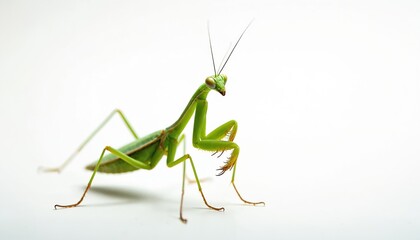 Detailed portrait of green praying mantis on white background. This insect shows intricate anatomy, sharp focus on its predatory stance. Macro shot reveals fine details of its body, limbs, antennae.