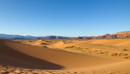 desert dunes under a clear blue sky on a bright day, the warm light illuminates the sand and shadows cast by the terrain