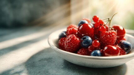 A colorful assortment of fresh berries in a simple bowl emphasizes nature's beauty and the enjoyment of healthy eating, evoking feelings of vitality and refreshment.