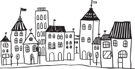 City landscape. Line urban backdrop.  Different buildings on street, doodle street draw, outline cityscape hand sketch, flat houses. Hand drawn vector illustration	