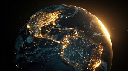 Obraz premium Golden Lit Earth Globe at Night Digital Rendering.