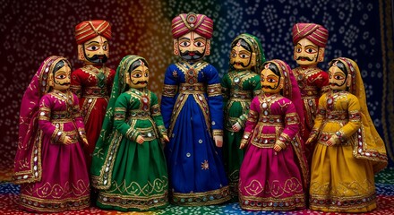 Colorful group of traditional Rajasthani wooden puppets in ornate dresses and turbans against a vibrant patterned background.