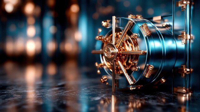 A luxurious, modern bank vault safe stands out against a blurred, rich backdrop, symbolizing security and wealth, suitable for themes of finance and prosperity.