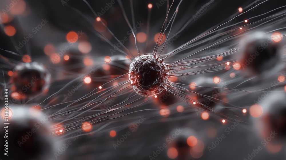 Aufkleber a close-up view shows microscopic cells interconnected with glowing strands in a dark setting.
