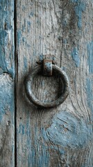Aged wooden door with a rusty ring handle