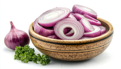 Onion slices in a ceramic bowl isolated