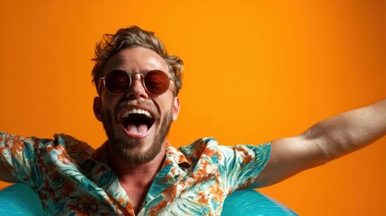 A cheerful man wearing sunglasses and a tropical shirt, enjoying a sunny day with open arms, radiating positive energy and a carefree vibe against a vibrant orange backdrop.