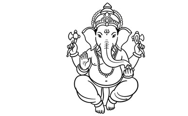 Fototapeta premium Line drawing of Ganesha sitting in a meditative pose on a white background