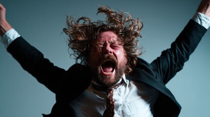 A passionate man in a suit passionately expressing emotions while yelling, showcasing raw energy and an intense burst of feeling in a dynamic pose against a simple backdrop.