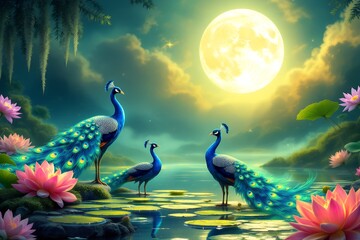 Three peacocks standing on a stone path surrounded by pink lotus flowers under a full moon with a mystical atmosphere.