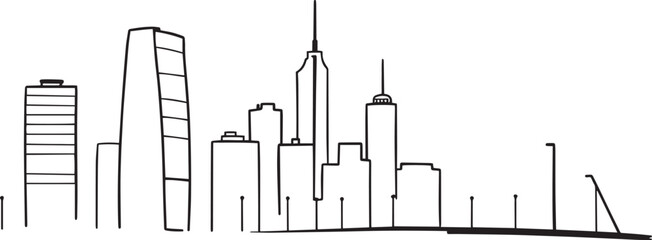 Obraz premium City landscape. Line urban backdrop. Different buildings on street, doodle street draw, outline cityscape hand sketch, flat houses. Hand drawn vector illustration 