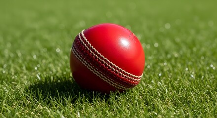 Close-up of a red cricket ball on green grass with white stitching