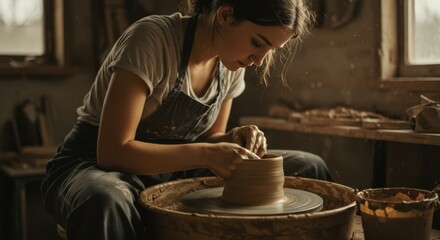 A young woman engaged in the craft of pottery, skillfully shaping clay on a spinning wheel in her studio