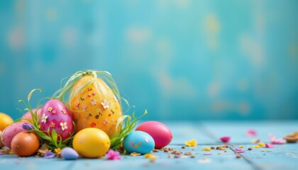 create a colorful and festive image featuring a vibrant easter egg background with a clear subject on the left and ample copy space on the right, optimize the image for use