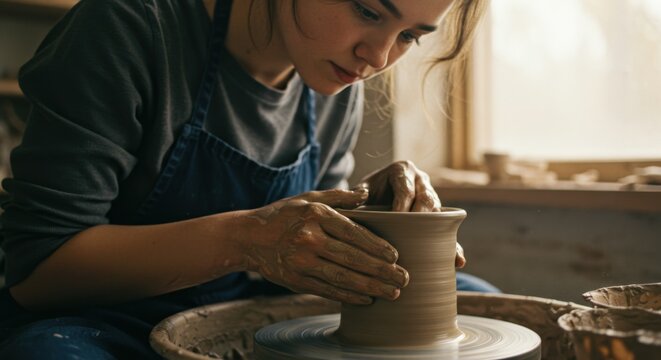 Concentrated female potter meticulously crafting a unique ceramic piece on a wheel, embodying the timeless skill of pottery