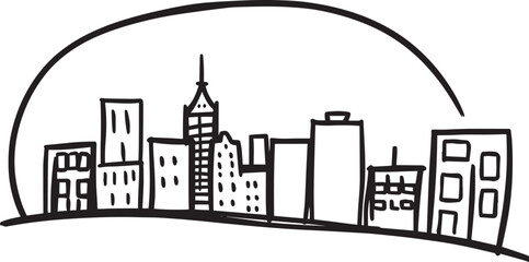 Naklejka premium City landscape. Line urban backdrop. Different buildings on street, doodle street draw, outline cityscape hand sketch, flat houses. Hand drawn vector illustration 