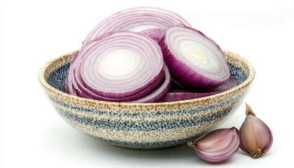 Onion slices in a ceramic bowl isolated