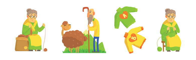 Knitwear with Woman Knit Sweater and Man Grazing Sheep Vector Set